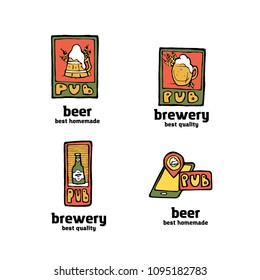 Beer pub posters, stickers, emblems. Beer cups.