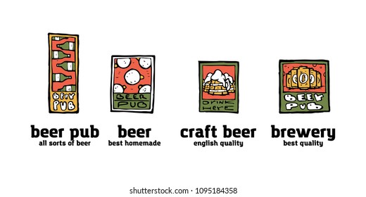 Beer pub posters, stickers, emblems. Beer cups.