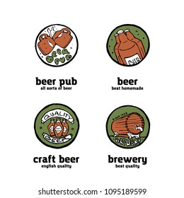 Beer pub posters, stickers, emblems. Beer cups.