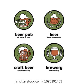 Beer pub posters, stickers, emblems. Beer cups.