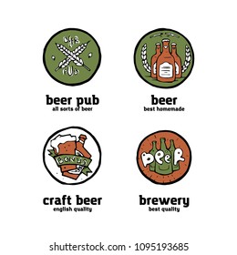 Beer pub posters, stickers, emblems. Beer cups.
