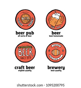 Beer pub posters, stickers, emblems. Beer cups.