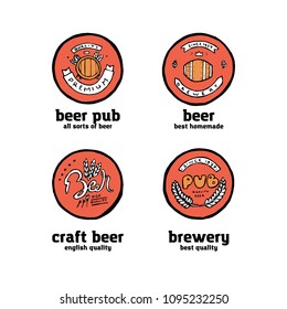 Beer pub posters, stickers, emblems. Beer cups.