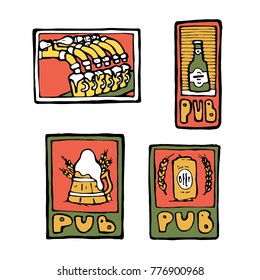 Beer pub posters, stickers, emblems. Beer cups.