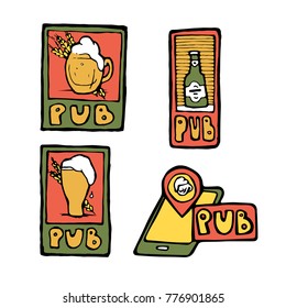 Beer pub posters, stickers, emblems. Beer cups.