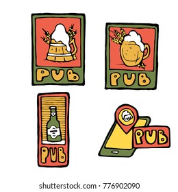 Beer pub posters, stickers, emblems. Beer cups.