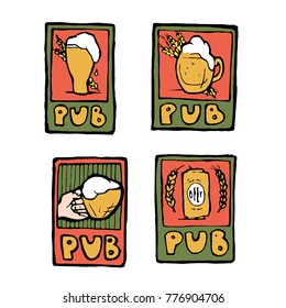 Beer pub posters, stickers, emblems. Beer cups.