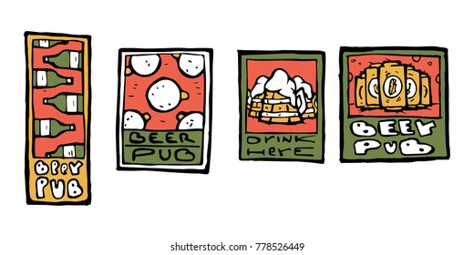 Beer pub posters, stickers, emblems. Beer cups.