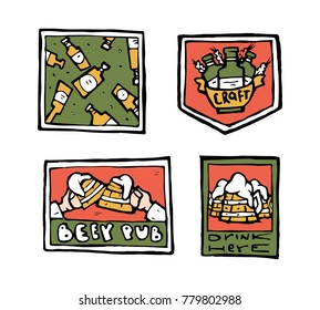 Beer pub posters, stickers, emblems. Beer cups.
