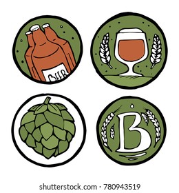 Beer pub posters, stickers, emblems. Beer cups.