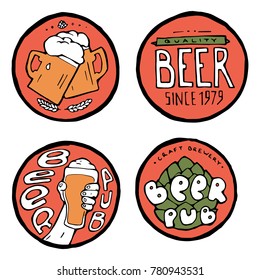 Beer pub posters, stickers, emblems. Beer cups.