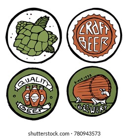 Beer pub posters, stickers, emblems. Beer cups.