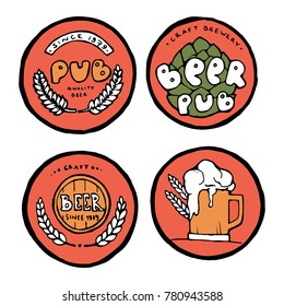 Beer pub posters, stickers, emblems. Beer cups.