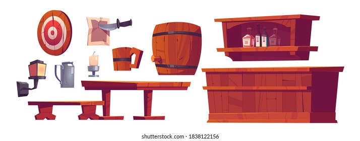 Beer pub, saloon, retro bar interior stuff and furniture wooden bench and desk, barrel, tankard, shelf with bottles, lantern, candles and darts, tin jar and old parchment with knife Cartoon vector set