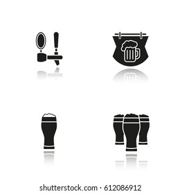 Beer pub shadow black icons set. Wooden bar signboard, foamy beer glasses and tap. Isolated vector illustrations