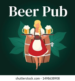 Beer pub social media post mockup. Waiter with cups of alcohol. Beer Festival. Advertising web banner design template. Social media booster, content layout. Promotion poster, flat illustration