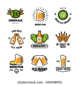 Beer pub vector logos and emblems. Brewery and brewing business vintage labels. Brewery beer emblem, pub and bar label logo illustration