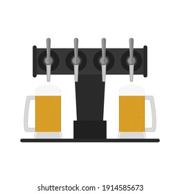 Beer pump, dispenser with tap and full glass beer mugs. Vector clipart. Illustration оn blank background. 