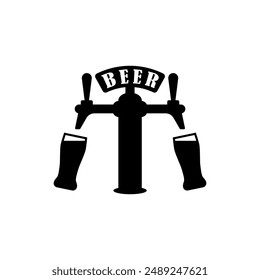 Beer pump with tap and handle. Pouring in beer glasses. Vector illustration on white background.