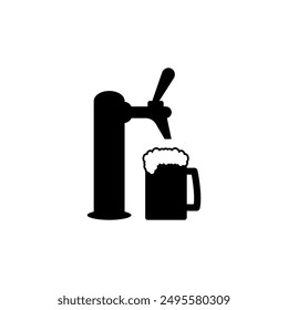 Beer pump with tap and handle. Pouring in beer mug. Vector illustration on white background.