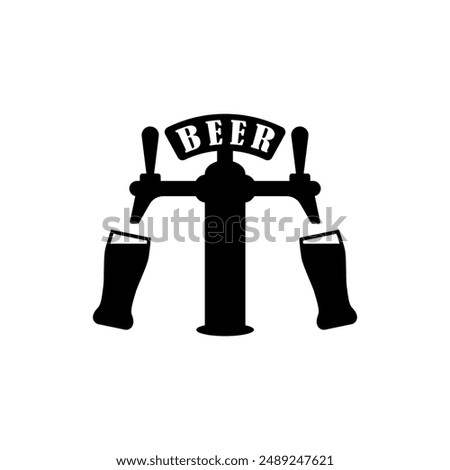 Beer pump with tap and handle. Pouring in beer glasses. Vector illustration on white background.