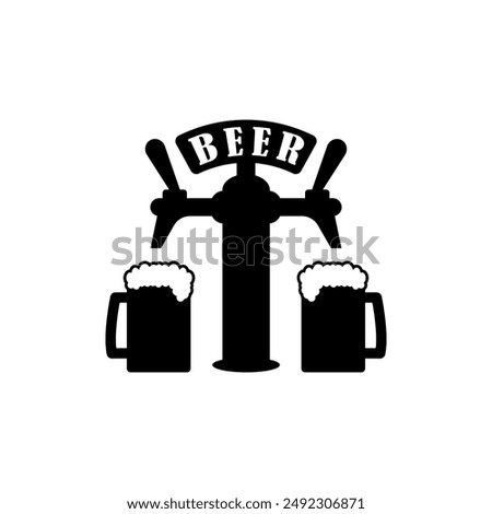 Beer pump with tap and handle. Pouring in beer mug. Vector illustration on white background.