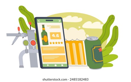 Beer rating application. Jar and glass mug with beer near smartphone screen. Ranking of alcoholic products. Feedback from customers and clients. Flat vector illustration isolated on white background