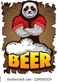 Beer for real men poster on a wooden background. Beer for strong men. Panda with beer. Stiker on beer