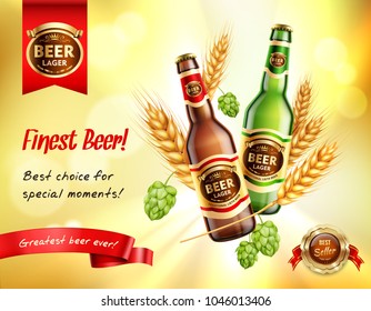 Beer realistic ad composition on yellow blurred background with glass bottles, barley ears, hop cones vector illustration