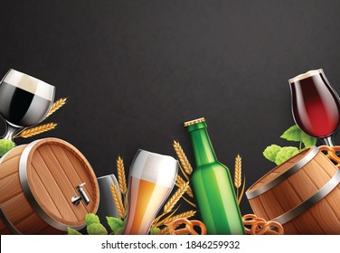 Beer realistic background composition with empty space surrounded by beer glasses bottles barrels and hop plants vector illustration