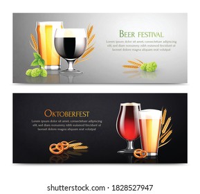 Beer realistic banners with editable text and images of hop plants with beer glasses and cookies vector illustration