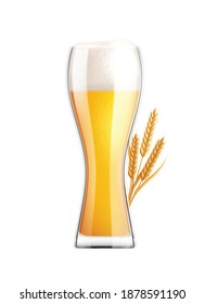 Beer realistic composition with image of full glass of light beer with wheat plant vector illustration