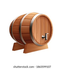 Beer realistic composition with image of wooden beer barrel with metal rings vector illustration