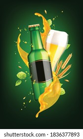 Beer realistic composition with images of glass and bottle with empty label and splashes of liquid vector illustration
