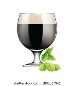 Beer realistic composition with images of ripe green hop plant and dark beer glass vector illustration