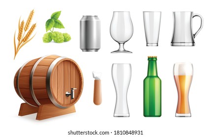 Beer realistic set with isolated icons and empty glass images with hop plants barrel and bottle vector illustration