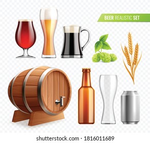 Beer realistic set on transparent background with isolated glass images hop plant and bottles with barrel vector illustration
