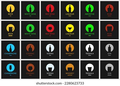 Beer. Red White Wine. Liqueur. Absinthe. Rum. Champagne. Cognac. Vodka. Whiskey. Tequila. Gin. Drink Logo. Bottle Icon Template. Vector Illustration