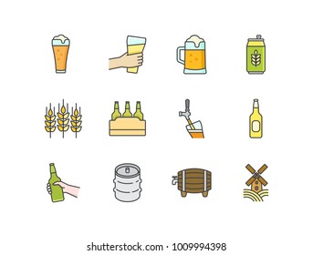 Beer related flat line colored icons set with hand holding glass, mug, can, wheat, package, bottle, keg, barrel, windmill.