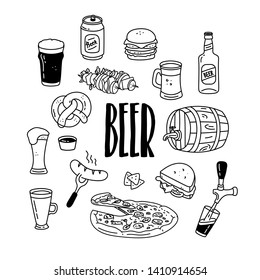 Beer related hand drawn doodle vector illustration, icons with lager, pilsner, ale, porter, pizza, pretzel, snacks, barrel, bottle, sausage, can.