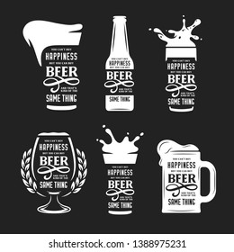 Beer related typography quote set. You cannot buy happiness but you can buy beer phrase. Monochrome pub wall art print set. Vector vintage illustration.