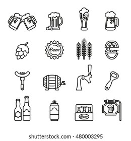 Beer related vector icons set - vector line symbols of bottle, glass or pub logo elements.