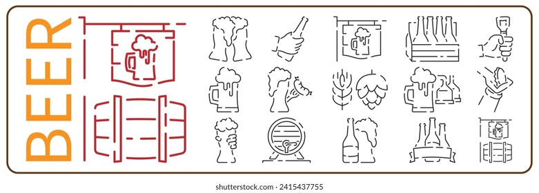 Beer Related Vector Line Icon set. Contains such Icons as Barrel, Six-pack, Keg, Signboard, Mug, and more drinks. Alcohol pub or bar glass