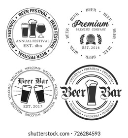 Beer related vector logotypes, labels and emblems in vintage style. Brewery black rubber stamps.