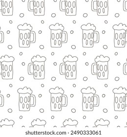 Cerveza repetir fondo. Taza de garabato con patrón sin costuras de alcohol. Ilustración vectorial.