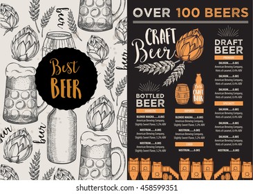 Beer restaurant brochure placemat, alcohol menu design. Vector bar template with hand-drawn graphic. 