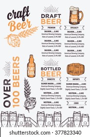 Beer restaurant brochure vector, alcohol menu design. Vector bar template with hand-drawn graphic. Beer flyer.
