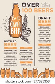 Beer restaurant brochure vector, alcohol menu design. Vector bar template with hand-drawn graphic. Beer flyer.