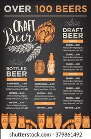 Beer restaurant brochure vector, alcohol menu design. Vector bar template with hand-drawn graphic. Beer flyer.