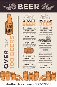 Beer restaurant brochure vector, alcohol menu design. Vector bar template with hand-drawn graphic. Beer flyer.